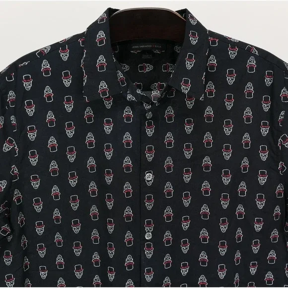 John Varvatos Button Down L Slash Skull Top Hat Print Mens S/S Shirt Rock & Roll - Picture 4 of 10